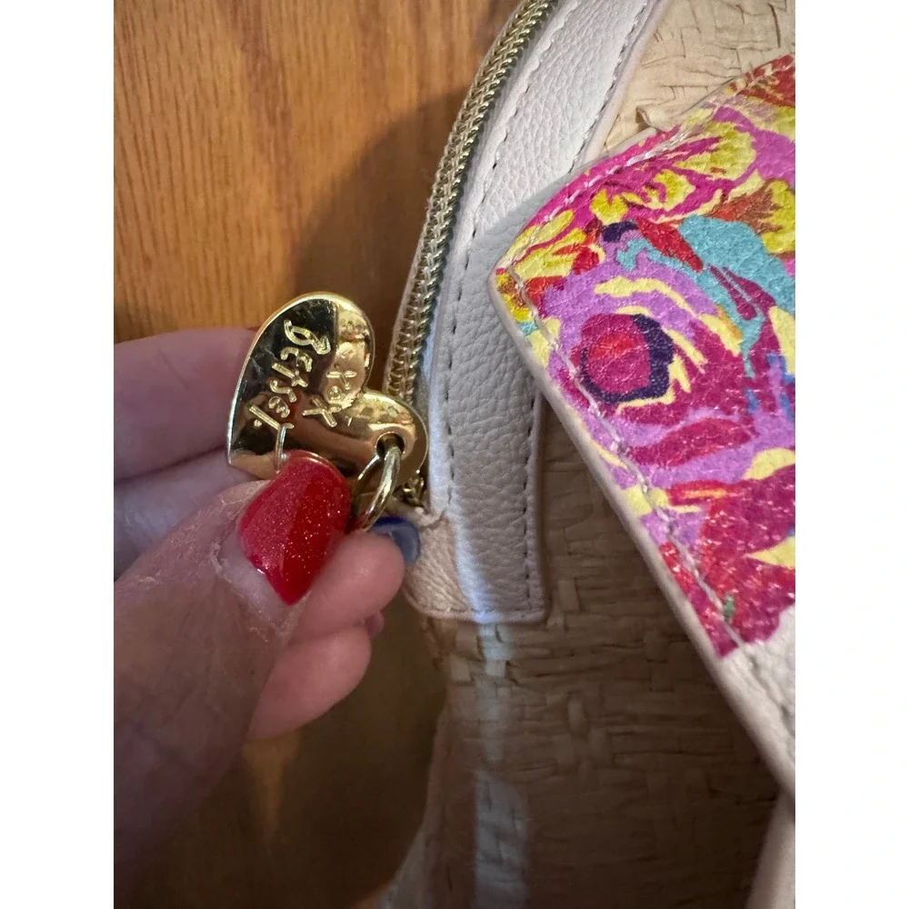Betsey Johnson XOX Betsey Straw Satchel Floral Bow Handbag Gold Chain Handles